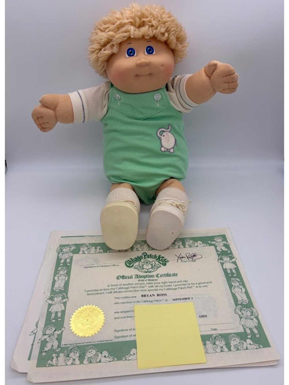Vintage 1980s Coleco Cabbage Patch Kids Bryan Ross Boy Doll Adoption Paper Blond